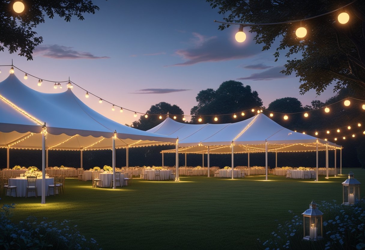 Outdoor event setup with large white tents and warm decorative lighting in a garden at dusk.