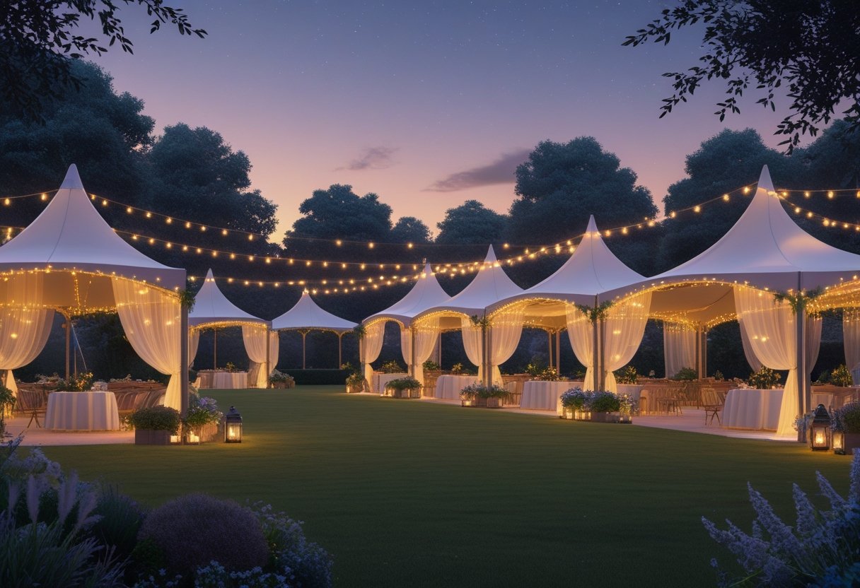 Outdoor event setup at dusk with tents softly lit by string lights and lanterns, surrounded by plants and seating arrangements.