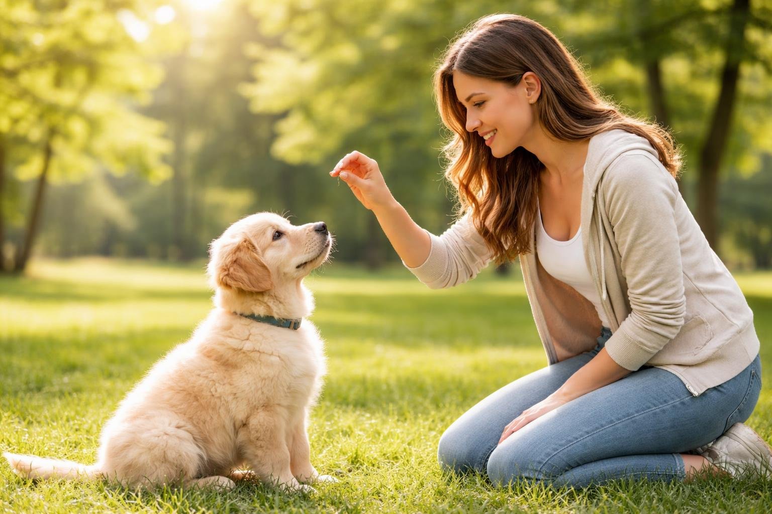 A woman kneeling on grass giving a treat to a sitting golden retriever puppy in a park.