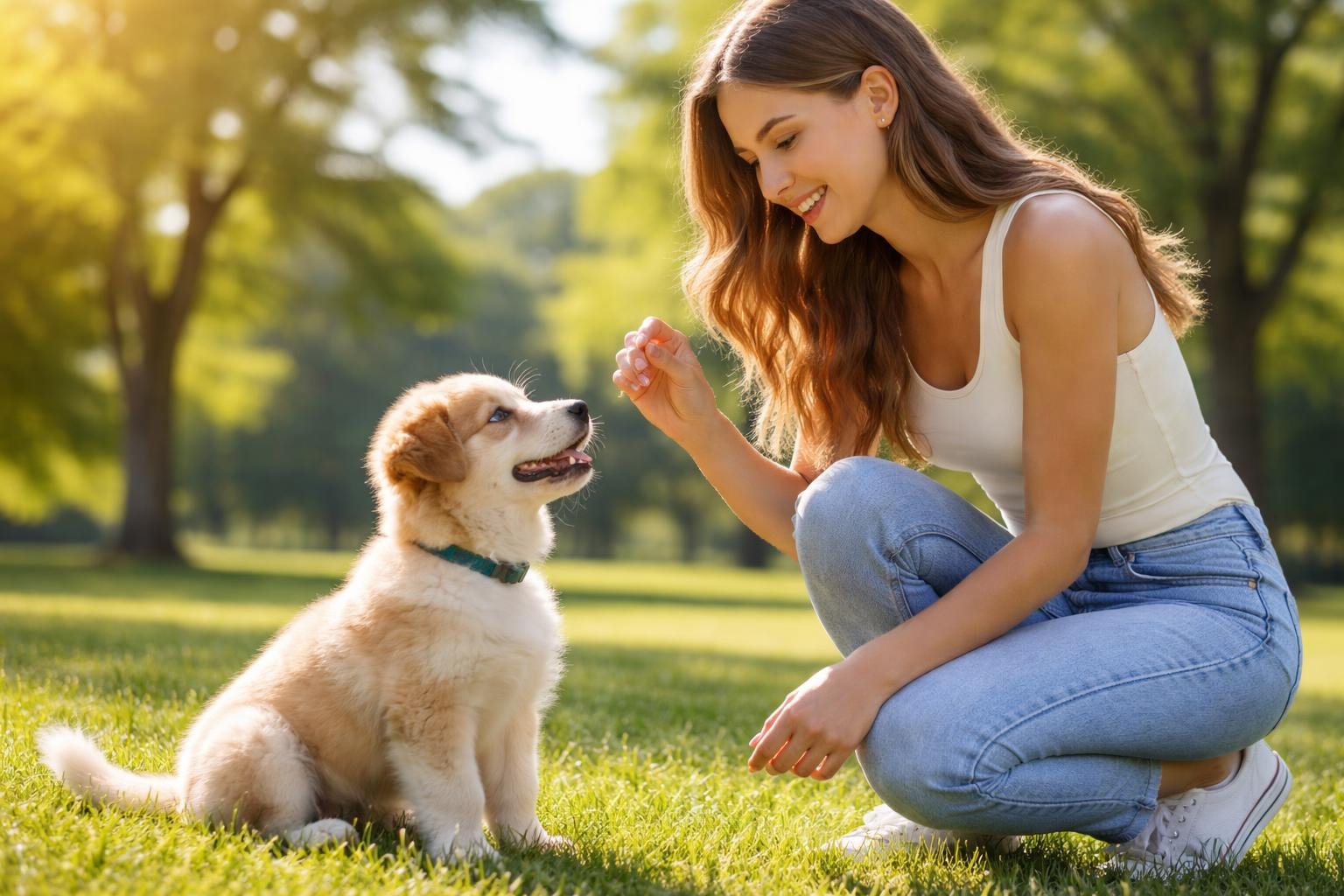 A young woman training her puppy to sit in a sunny park, using a treat to encourage the dog.