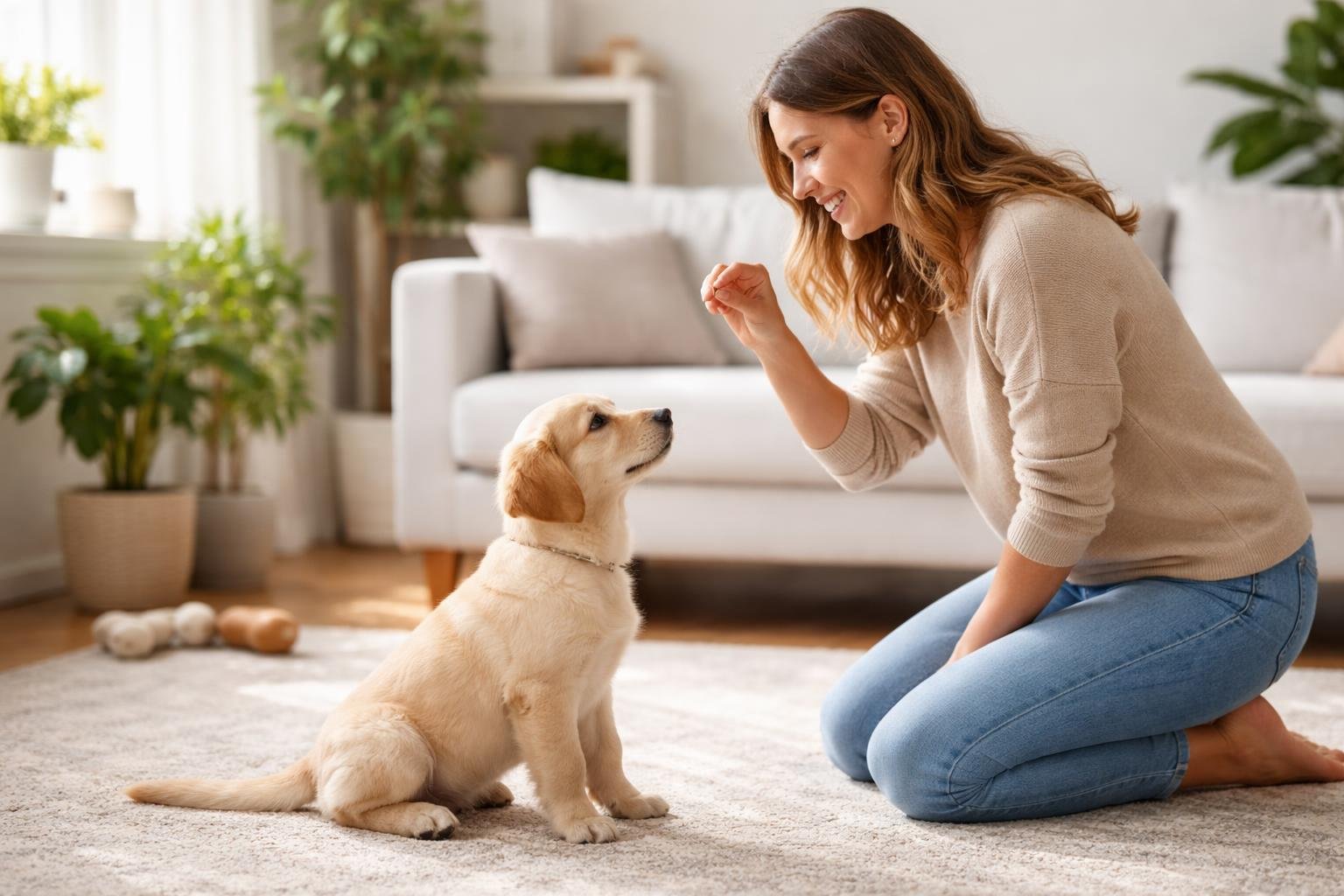 A young woman kneeling on the floor giving a treat to her sitting puppy in a bright living room.