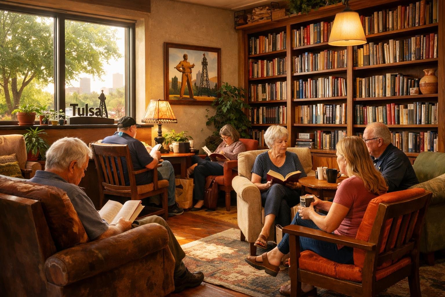 Cozy reading area with comfortable chairs, bookshelves filled with books, and people reading quietly in a sunlit room.