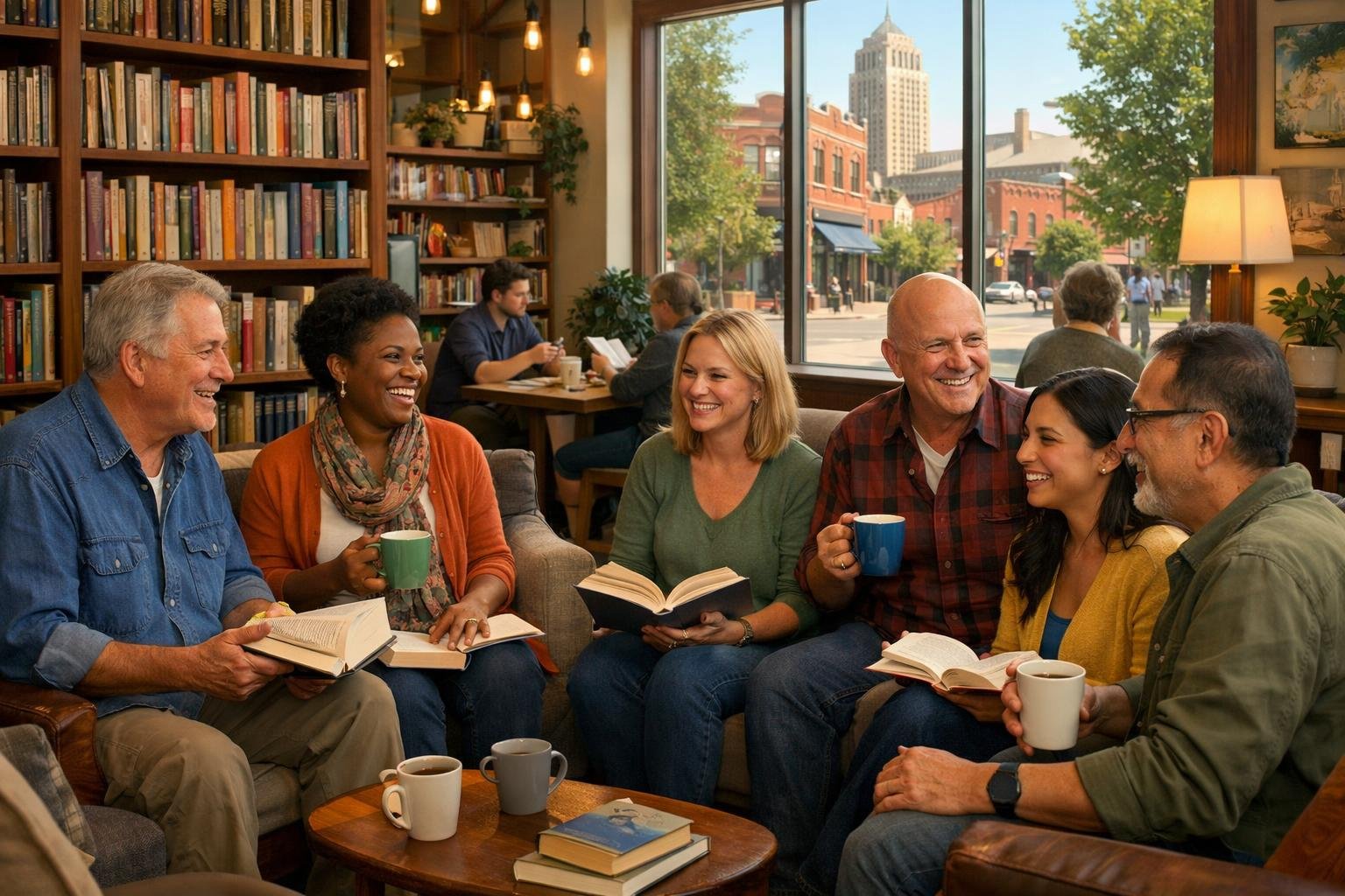 A group of people sitting and talking in a cozy room filled with books, with others reading in a nearby café and a sunny street visible through a window.