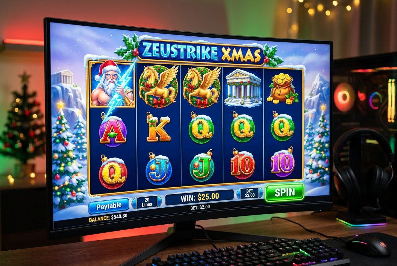 Tampilan mesin slot digital bertema Natal dengan simbol petir, salju, dan koin emas di latar belakang berwarna merah dan hijau.