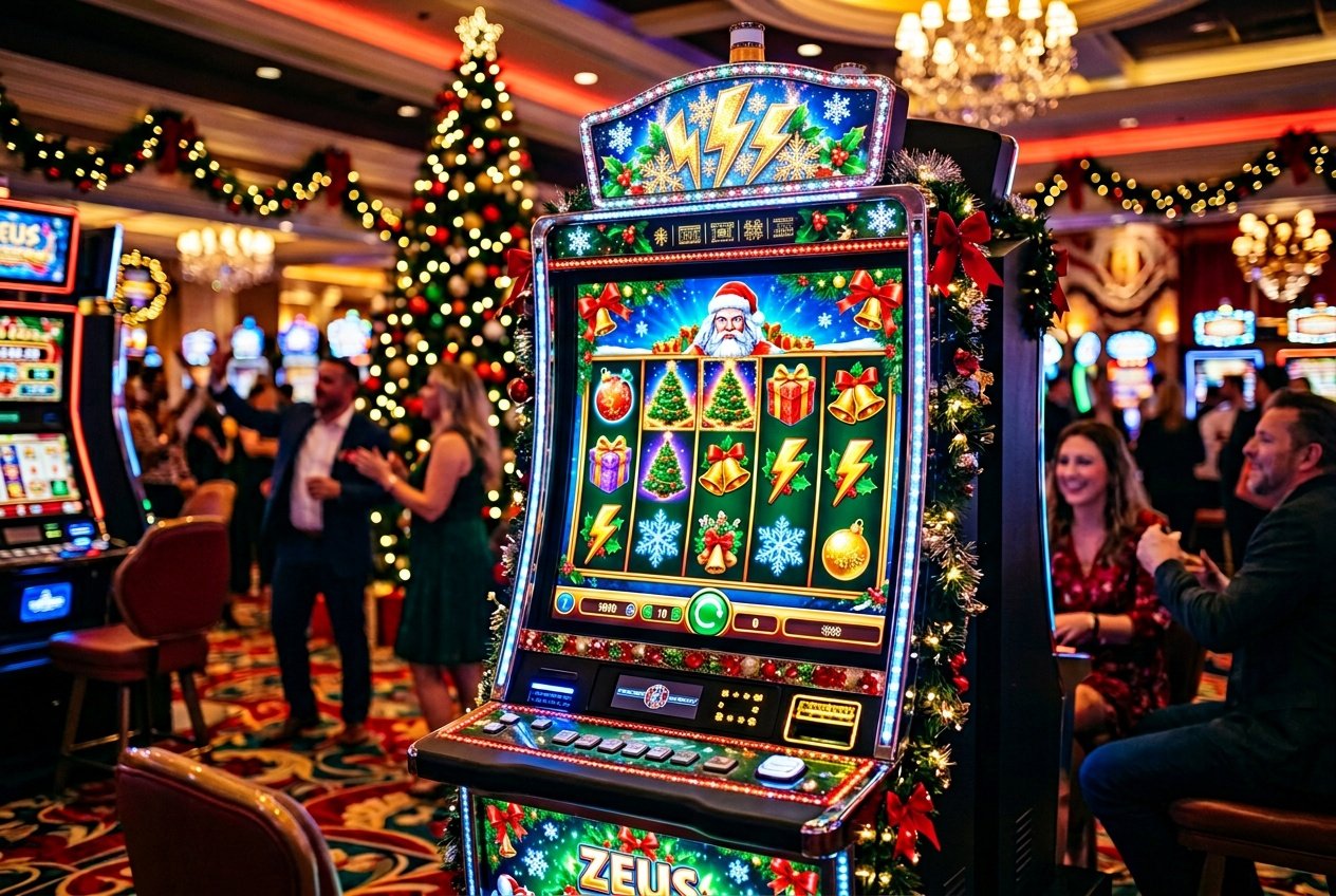 Mesin slot bertema Natal dengan dekorasi meriah dan lampu warna-warni di latar belakang kasino yang hidup.
