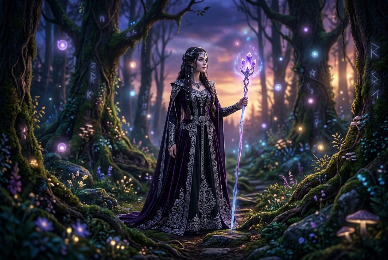 Seorang putri misterius berdiri di hutan senja dengan langit berwarna biru dan ungu, memegang tongkat bercahaya di tengah suasana magis.