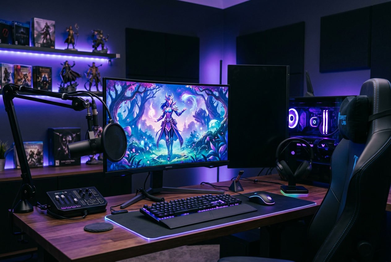 Sebuah setup gaming modern dengan komputer, monitor menampilkan visual permainan fantasi, keyboard dengan lampu RGB, mouse gaming, dan headphone di meja dengan pencahayaan lembut berwarna ungu dan biru.