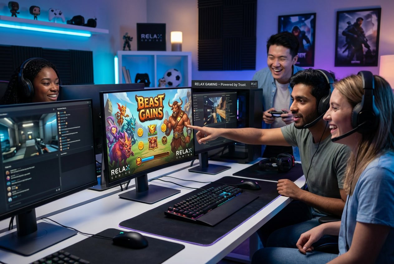 Beberapa orang muda sedang bermain game online Beast Gains dengan komputer modern di ruangan gaming yang terang.