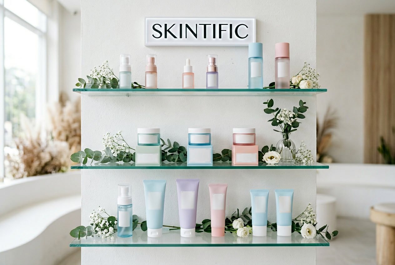 Tampilan produk perawatan kulit Skintific yang tersusun rapi di rak kaca dengan latar belakang putih dan dekorasi daun hijau serta bunga kecil.