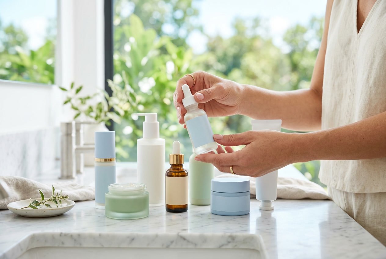 Deretan produk perawatan kulit yang rapi di atas meja dengan latar belakang cahaya alami dan tangan memegang salah satu botol produk.