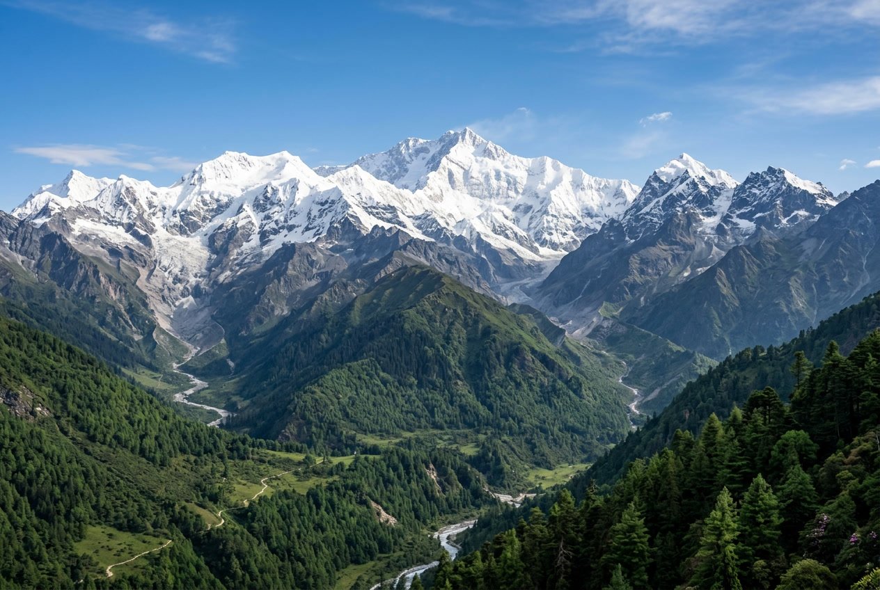 Pemandangan gunung Kangchenjunga yang tertutup salju dengan hutan hijau di dasarnya di bawah langit biru cerah.