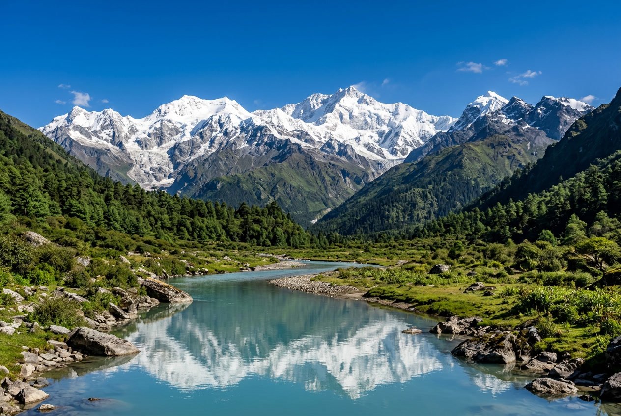 Pemandangan gunung Kangchenjunga yang tertutup salju dengan hutan hijau di lereng dan sungai mengalir di lembah di bawahnya.