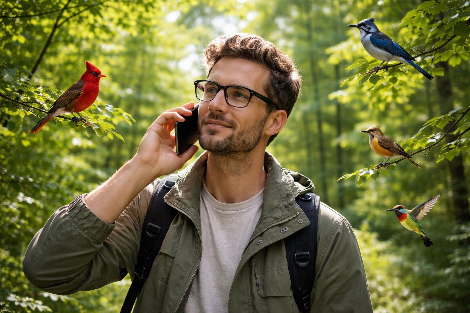 A person outdoors in a forest holding a smartphone and listening to bird calls with colorful birds around.