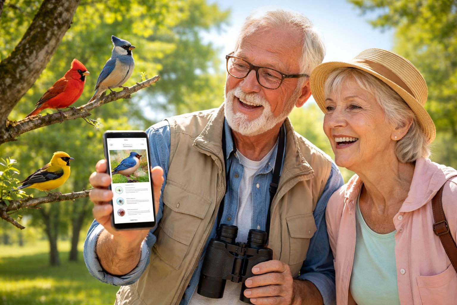 An elderly couple outdoors in a park using a smartphone to identify birds while enjoying birdwatching.