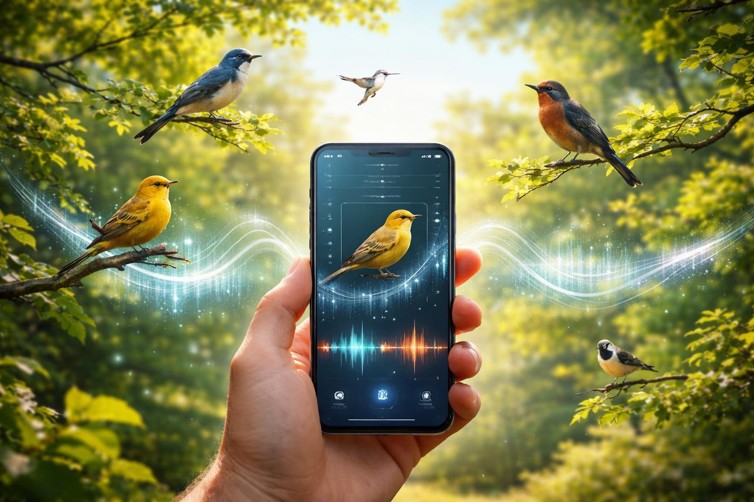 A person holding a smartphone outdoors with birds flying and perched on trees nearby, showing an app analyzing bird songs through sound waves.