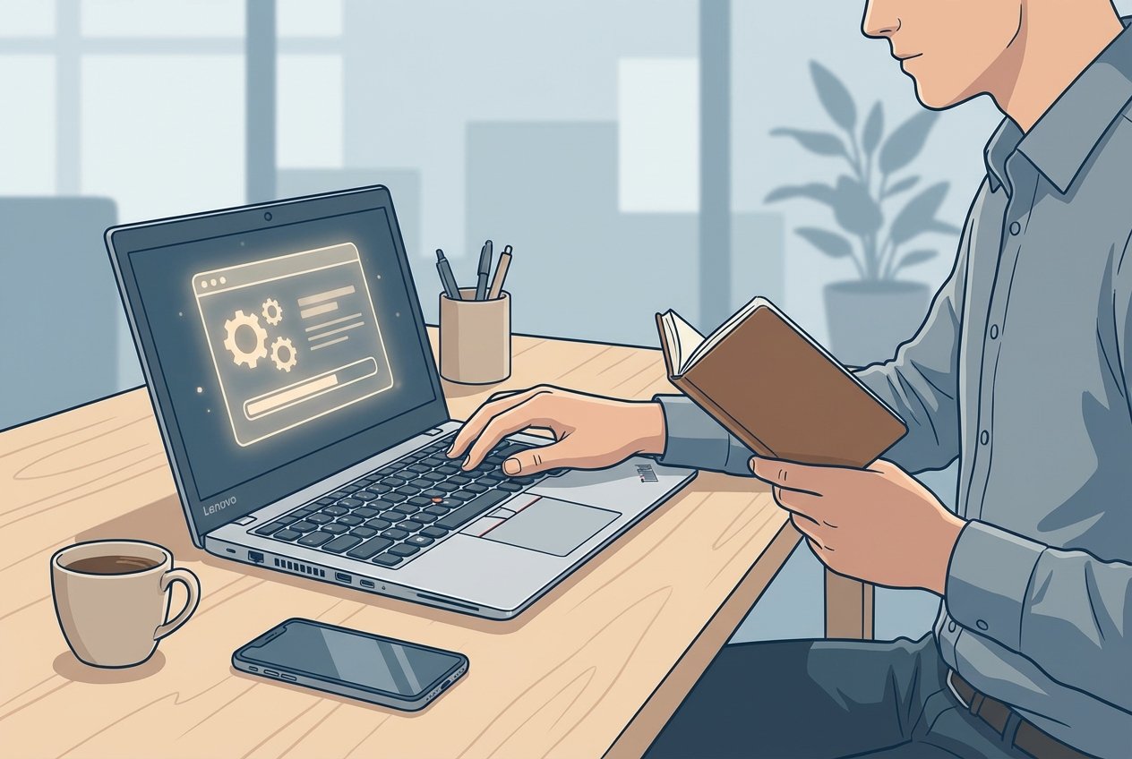 A person preparing to reset a Lenovo laptop on a tidy desk with a notebook and smartphone nearby.