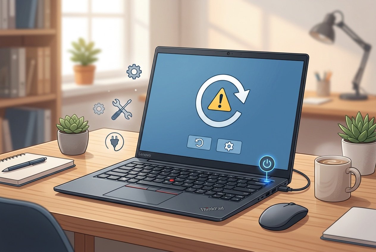 A Lenovo laptop on a desk displaying a Windows recovery screen with icons representing resetting and troubleshooting.