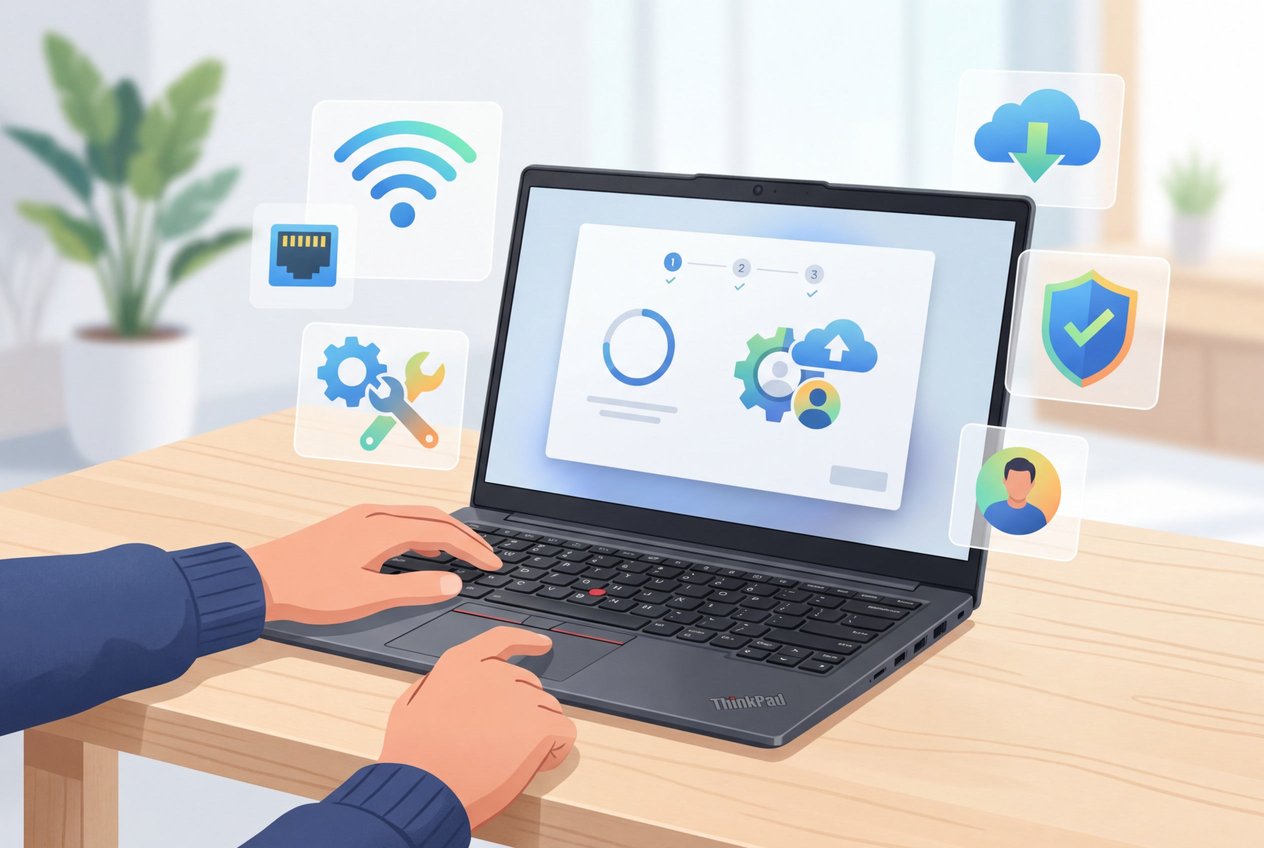 A person setting up a Lenovo laptop on a clean desk with icons representing connectivity and system configuration around the device.