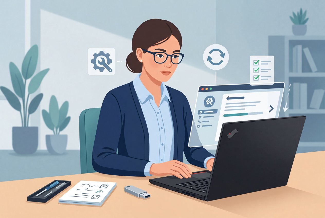 A person sitting at a desk working on a Lenovo laptop with icons representing system settings and troubleshooting steps around them.