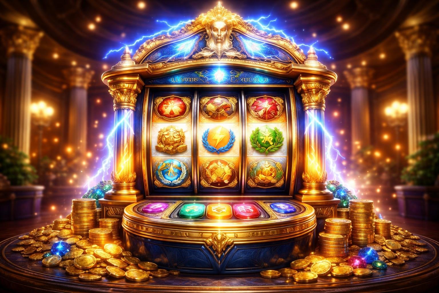 Sebuah mesin slot bertema mitologi Yunani dengan desain megah dan lampu berwarna-warni yang menampilkan simbol keberuntungan dan jackpot besar di dalam kasino.