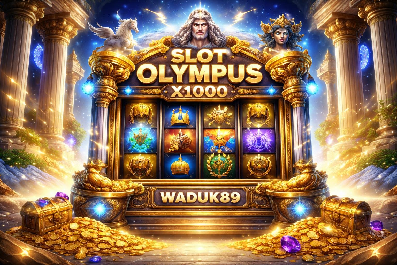 Mesin slot dengan latar kuil Yunani kuno dan simbol-simbol mitologi Olympus yang berwarna cerah dan penuh cahaya, menunjukkan suasana kemenangan besar.