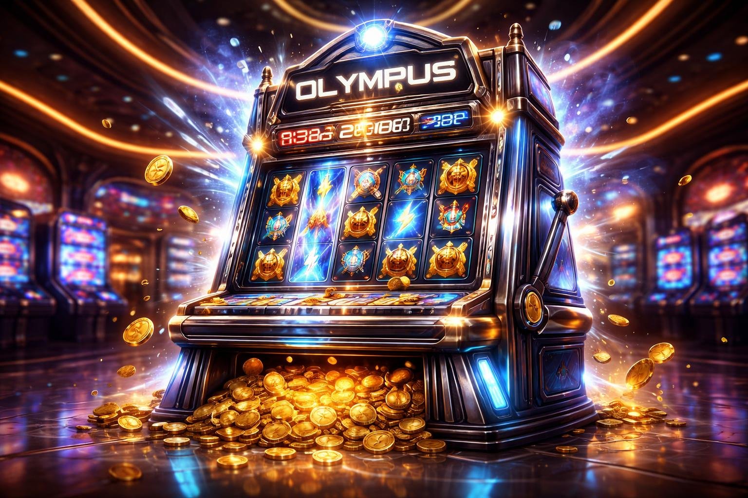 Mesin slot futuristik Olympus X1000 di dalam kasino dengan lampu berkilauan dan koin yang keluar saat jackpot besar.