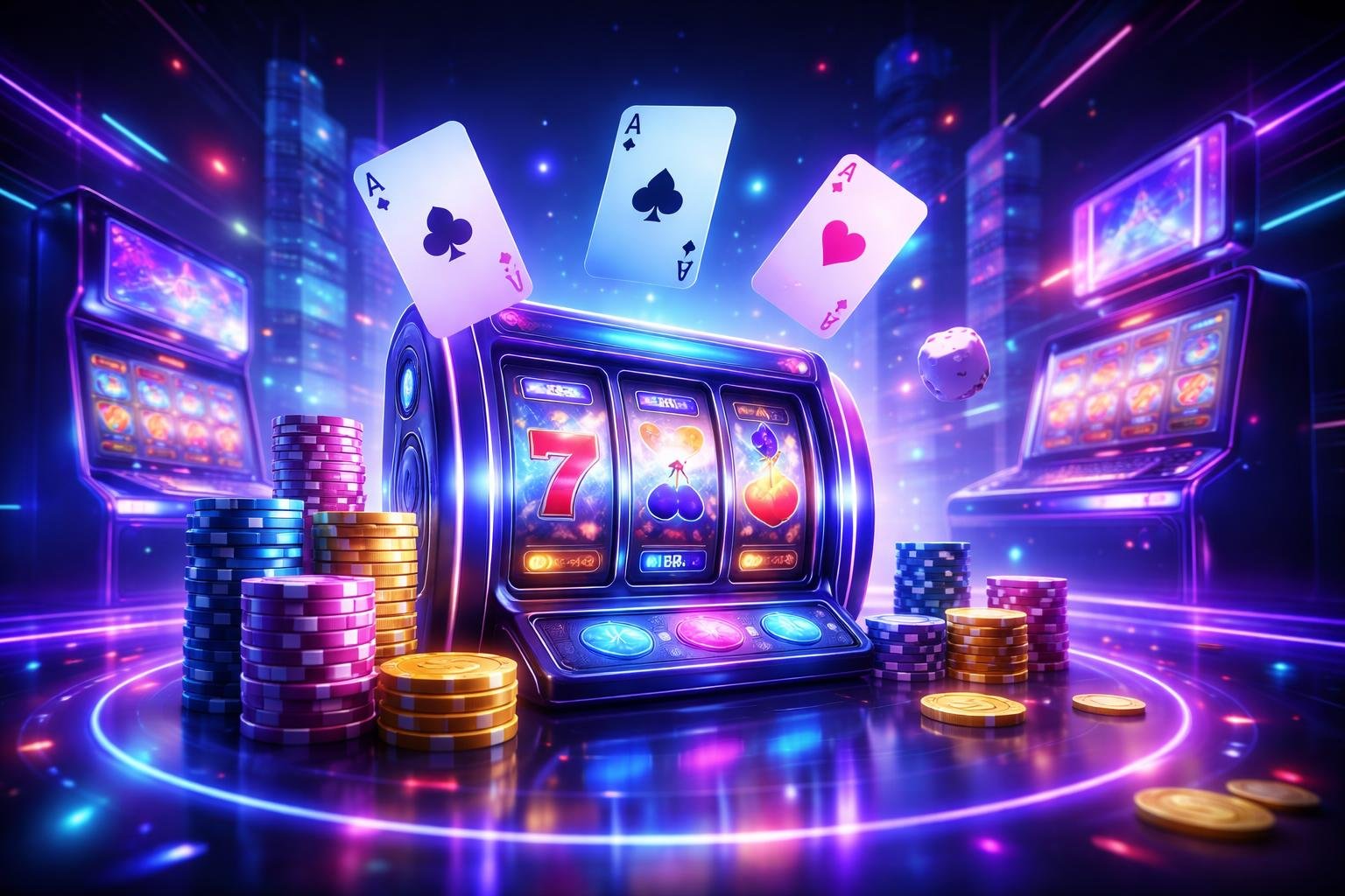 Tampilan antarmuka permainan judi online dengan mesin slot holografik dan kartu bermain mengambang di lingkungan digital futuristik.