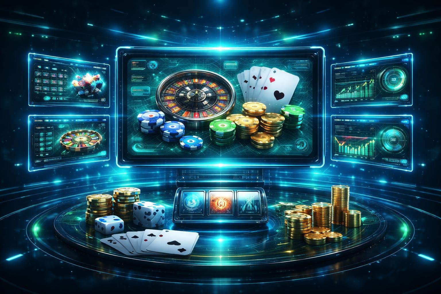 Tampilan antarmuka platform permainan judi online dengan layar holografik dan efek cahaya futuristik.