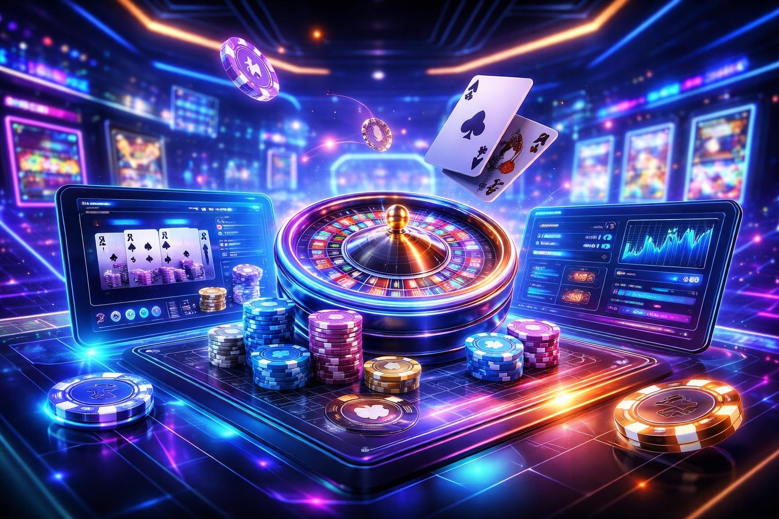 Tampilan antarmuka permainan judi online futuristik dengan roda roulette, chip poker, dan kartu bermain di lingkungan kasino virtual modern.
