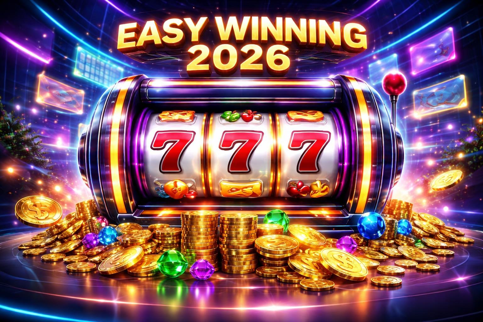 Mesin slot online dengan koin emas dan simbol keberuntungan di latar kasino digital yang futuristik.