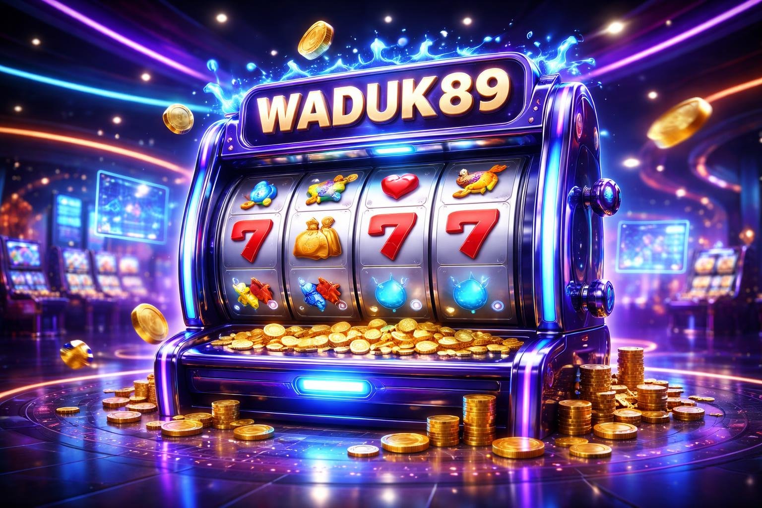 Gambaran mesin slot online WADUK89 dengan lampu neon dan simbol keberuntungan di lingkungan kasino futuristik.