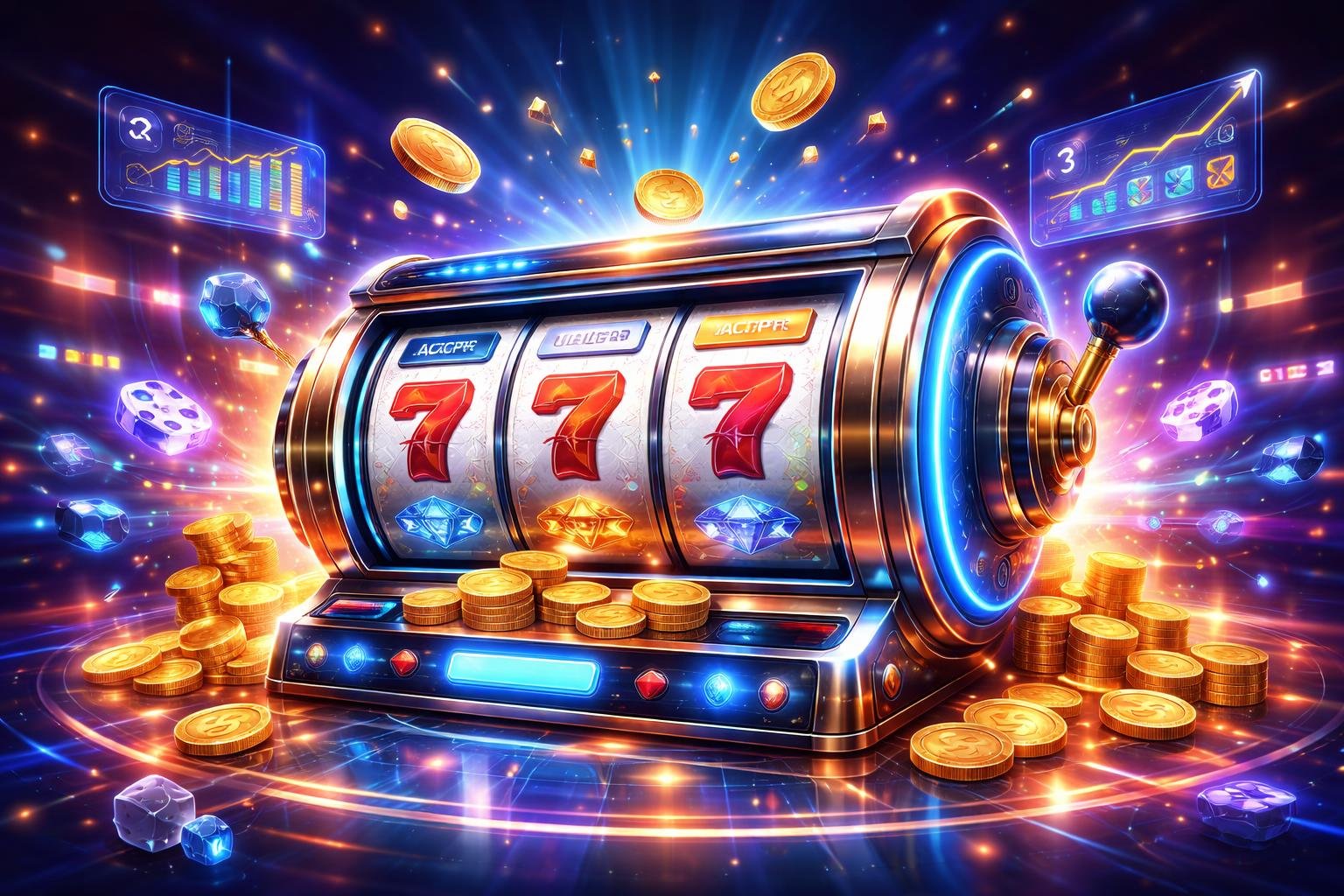 Mesin slot online futuristik dengan simbol keberuntungan dan elemen holografik di latar kasino digital yang berwarna cerah.