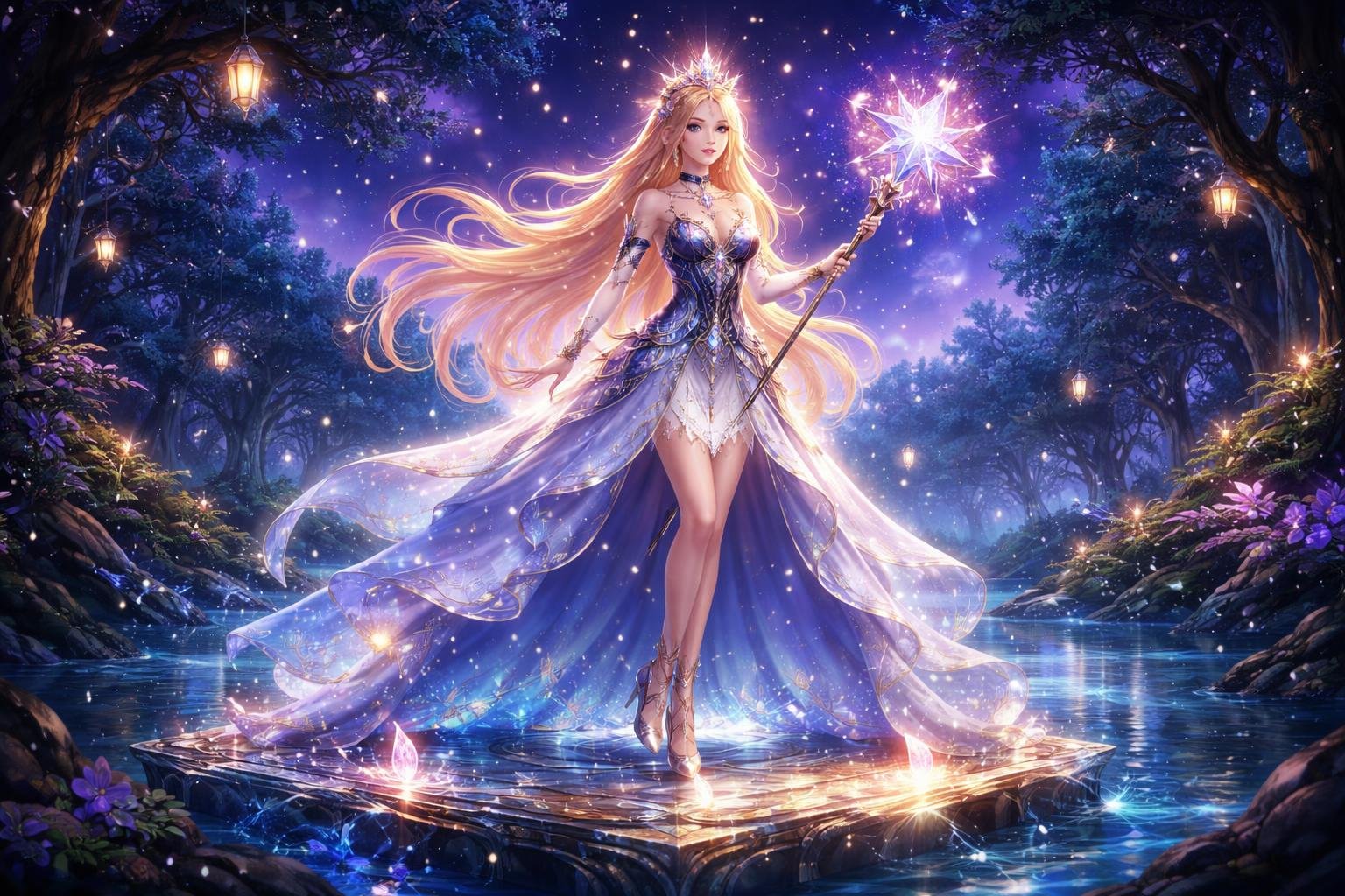 Seorang putri bercahaya berdiri di atas platform di atas danau yang tenang dengan hutan ajaib di latar belakang pada malam berbintang.
