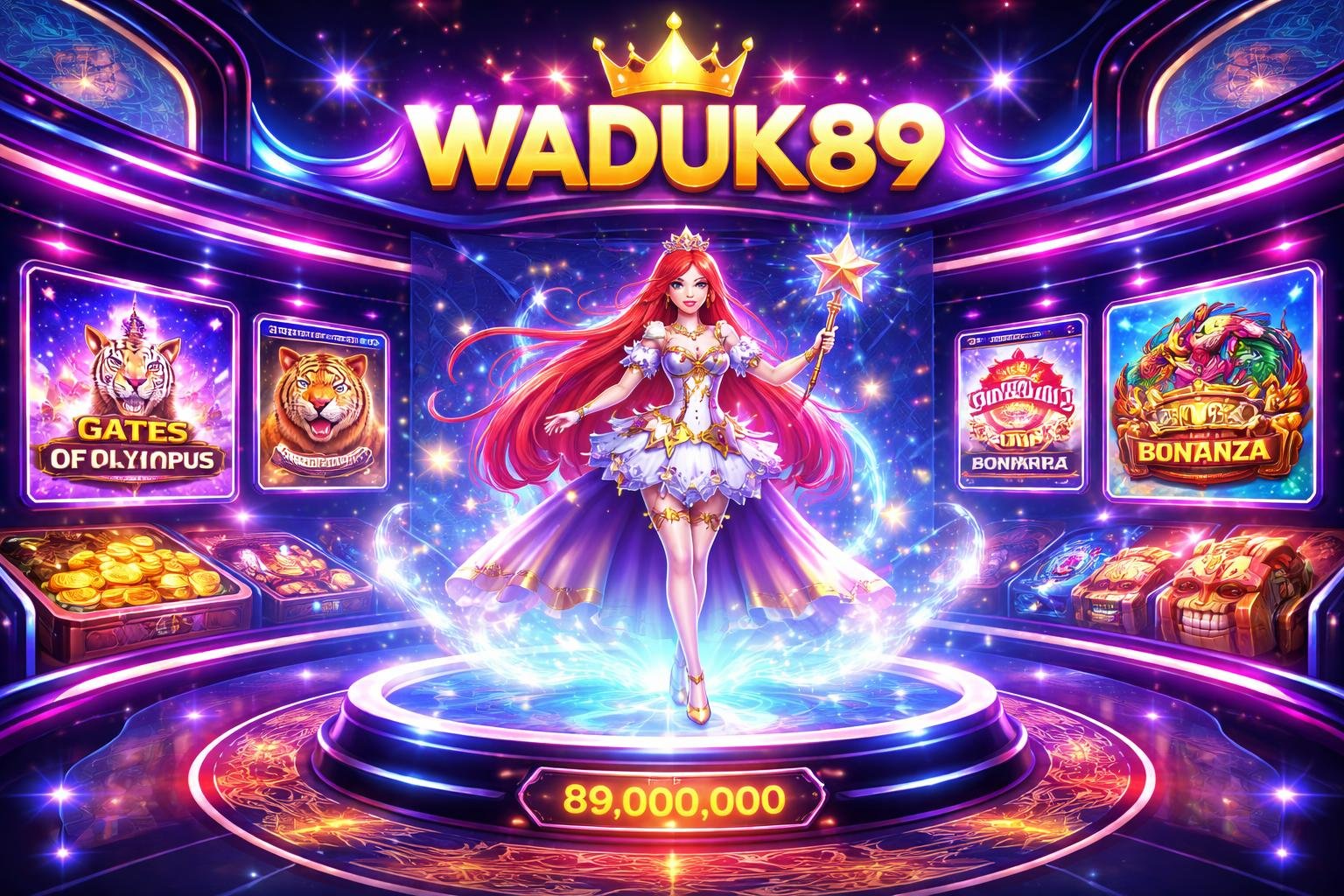 Sebuah adegan game online dengan karakter putri bercahaya berdiri di atas platform mengambang, dikelilingi oleh efek magis dan tampilan digital futuristik.