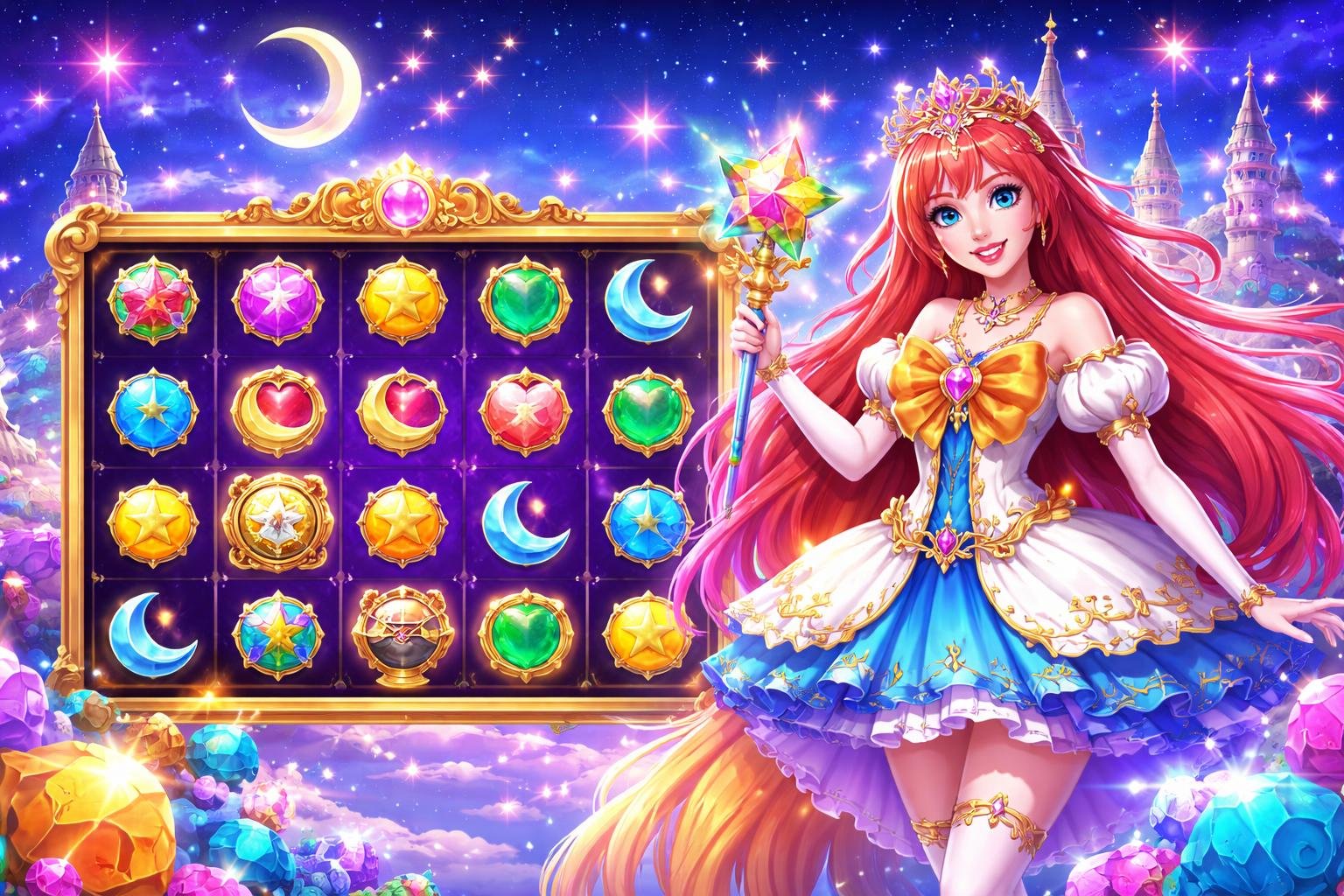 Pemandangan seorang putri bercahaya berdiri di tengah lanskap malam bertabur bintang dengan mesin slot dan simbol magis di sekitarnya.