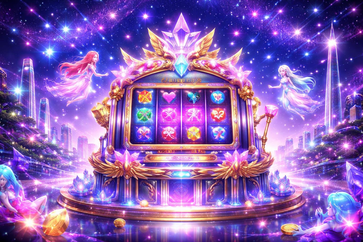 Pemandangan mesin slot megah dengan latar langit malam berbintang dan sosok putri bercahaya mengelilinginya.
