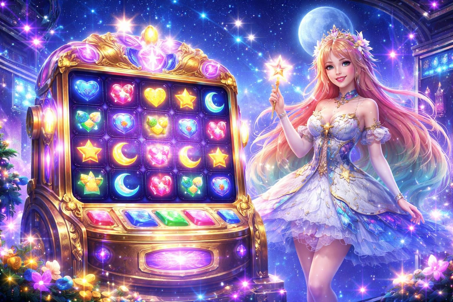 Adegan seorang putri bertema bintang berdiri di samping mesin slot bercahaya dengan latar langit malam berbintang dan bulan purnama.