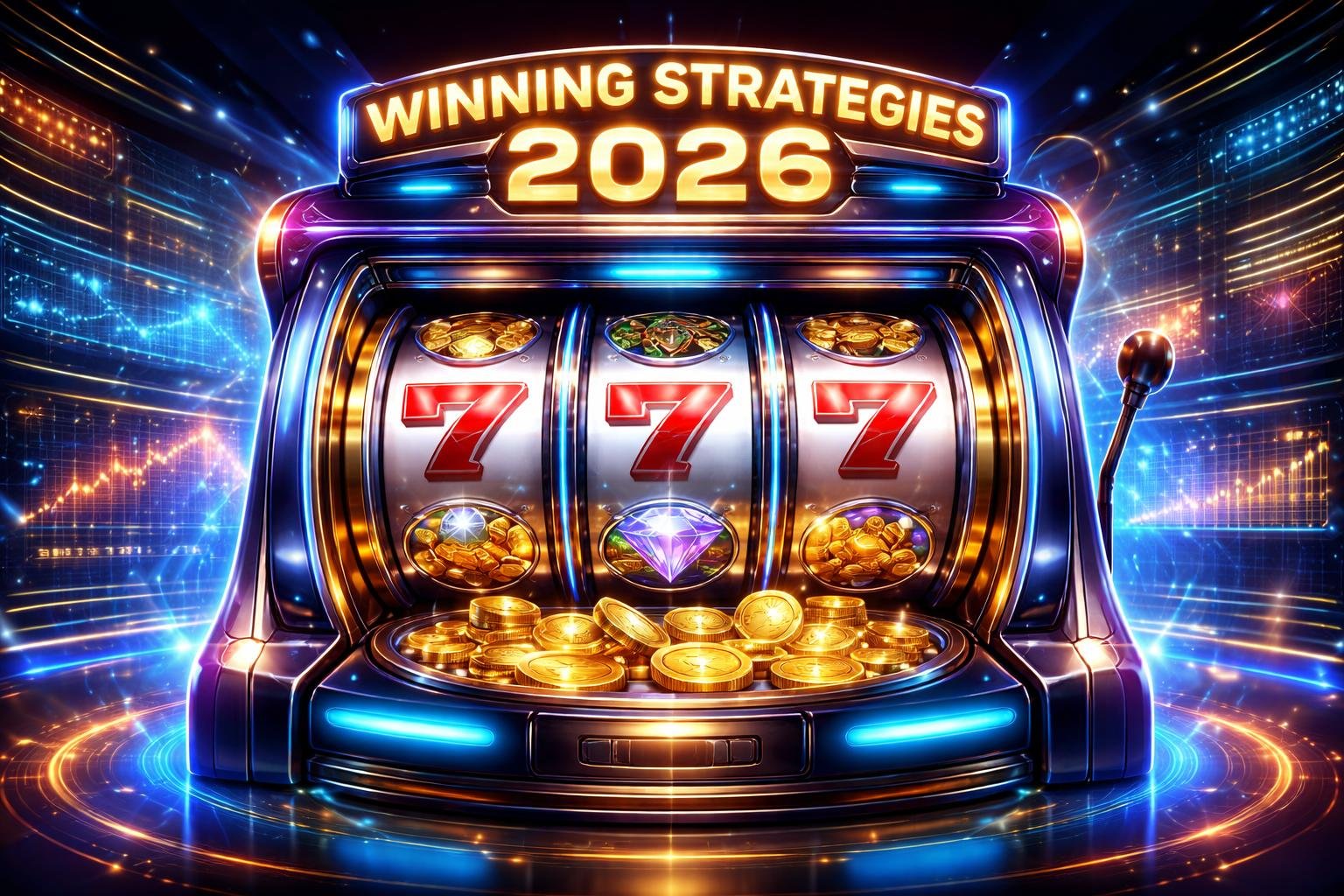 Sebuah mesin slot futuristik dengan lampu neon dan simbol keberuntungan di latar kasino digital modern.