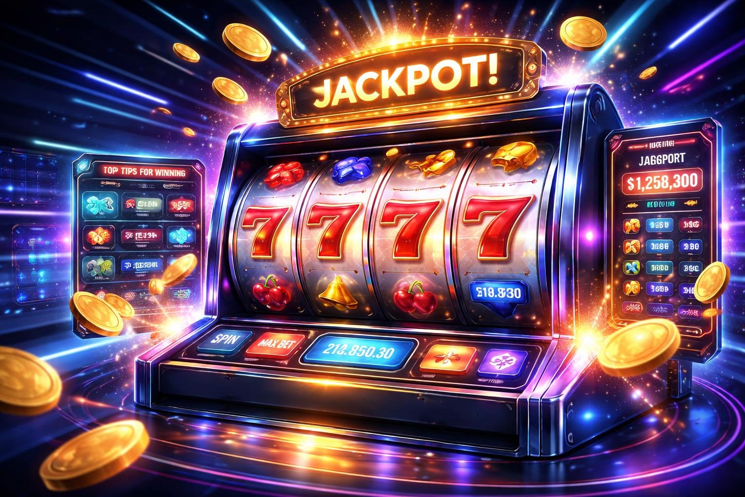 Sebuah mesin slot online futuristik dengan efek cahaya dan koin berputar di latar kasino digital modern.