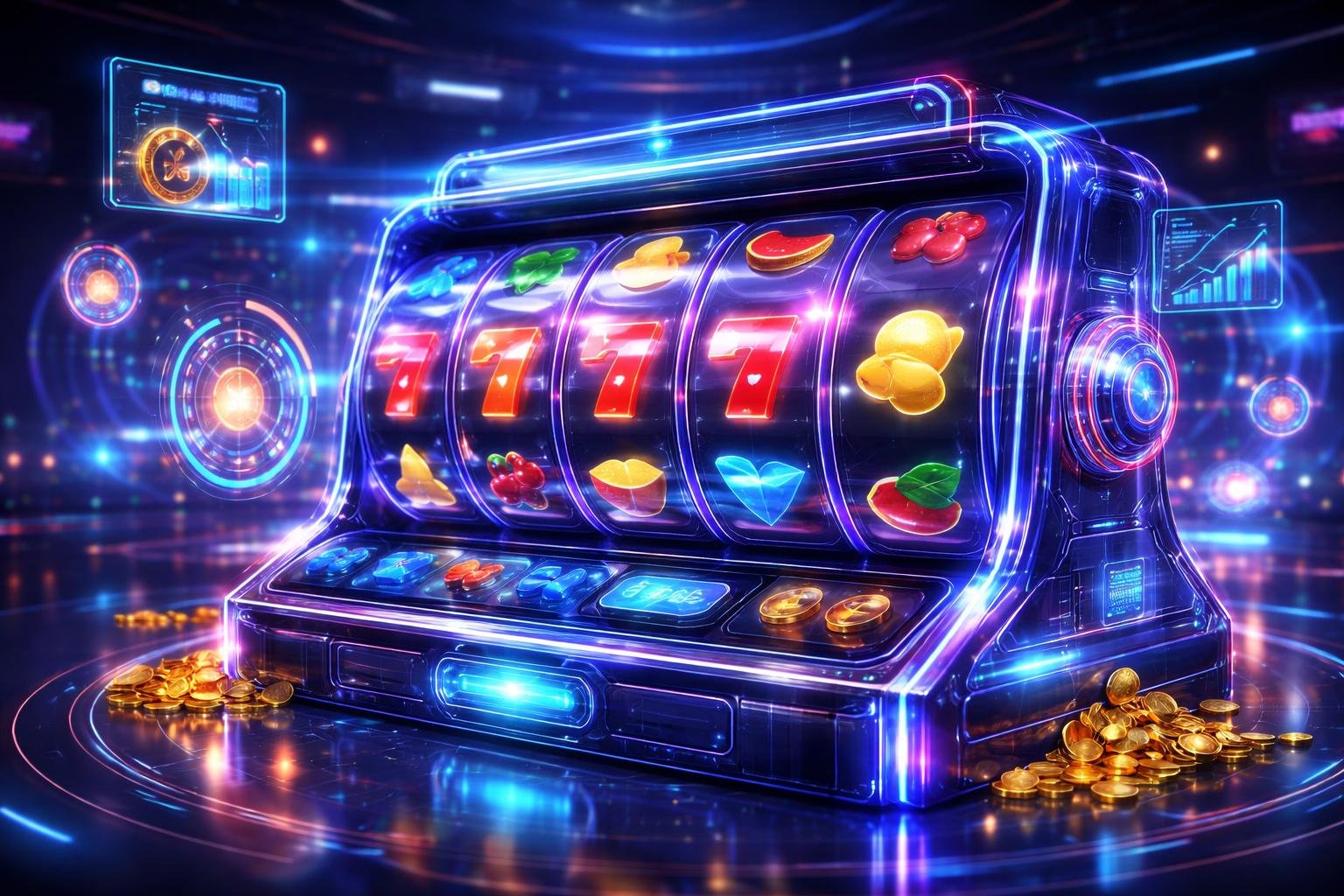 Mesin slot digital futuristik dengan simbol berwarna cerah dan tampilan holografik di lingkungan kasino modern.