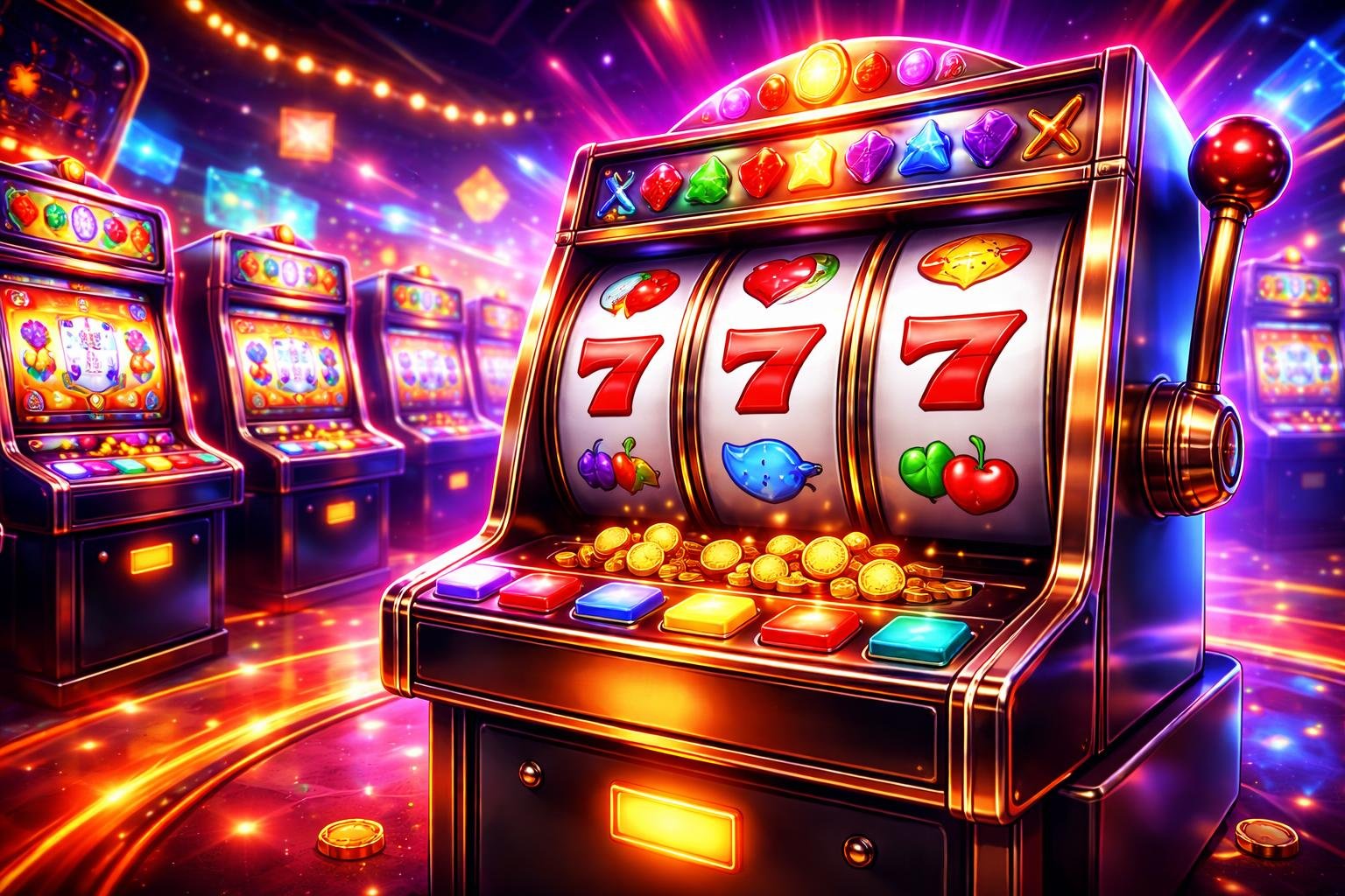 Suasana lantai kasino dengan beberapa mesin slot berwarna-warni yang sedang berputar, menampilkan simbol buah dan permata, dengan lampu neon yang terang dan suasana meriah.