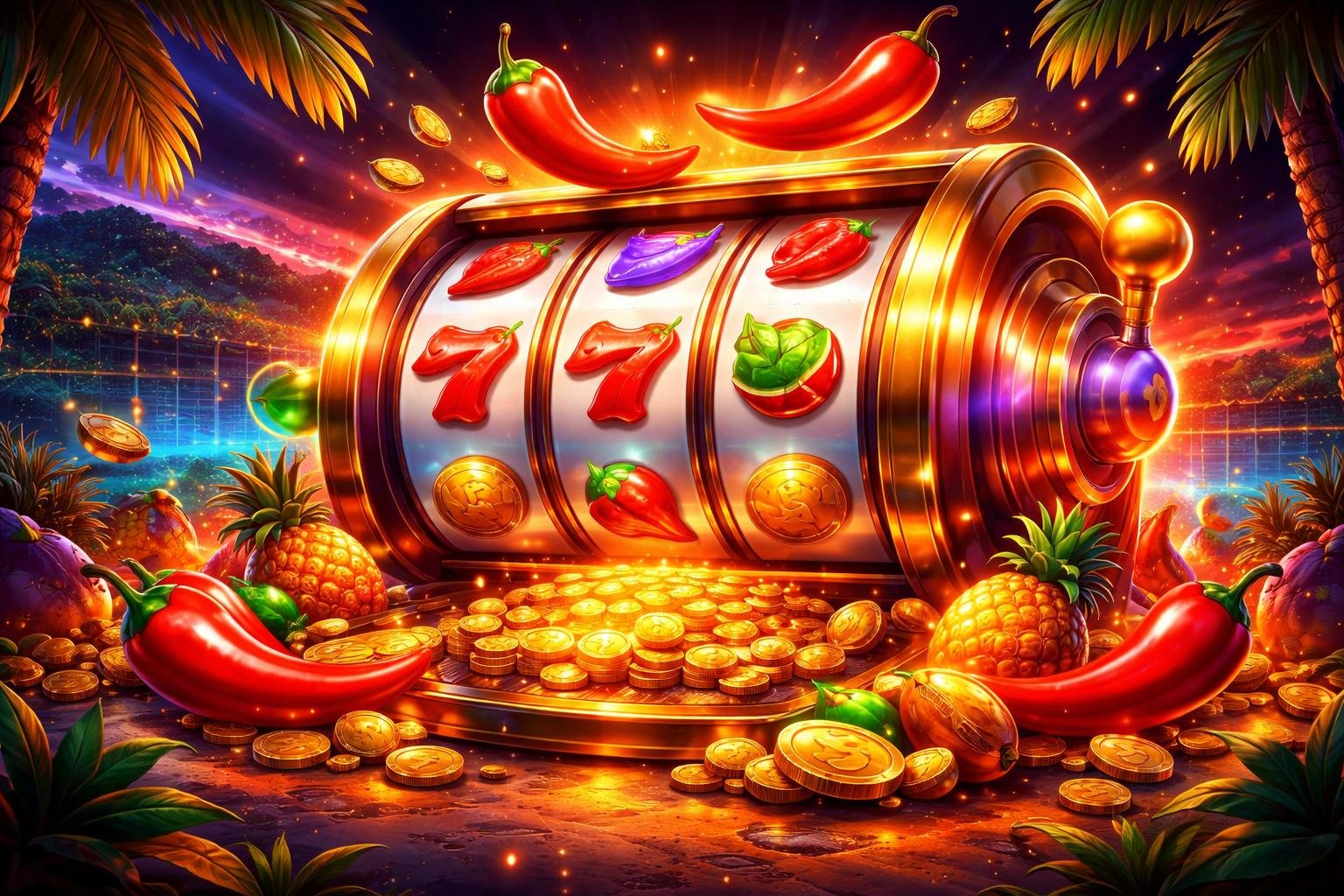 Adegan mesin slot berwarna-warni dengan elemen cabai dan buah, dikelilingi cahaya dan efek digital, dengan latar belakang yang menyerupai waduk.
