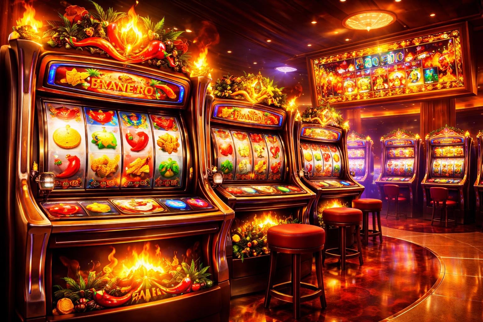 Area mesin slot yang penuh warna dengan mesin slot Habanero yang menampilkan simbol cabai, api, dan buah-buahan eksotis dalam suasana kasino yang cerah dan hidup.