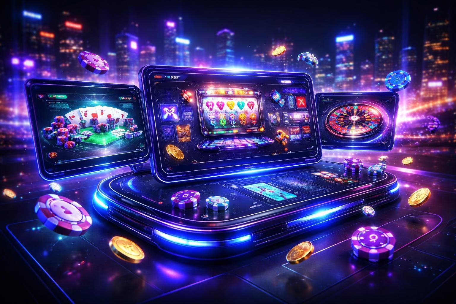 Tampilan antarmuka platform judi online futuristik dengan layar holografik menampilkan berbagai permainan kasino dan latar belakang kota modern di malam hari.