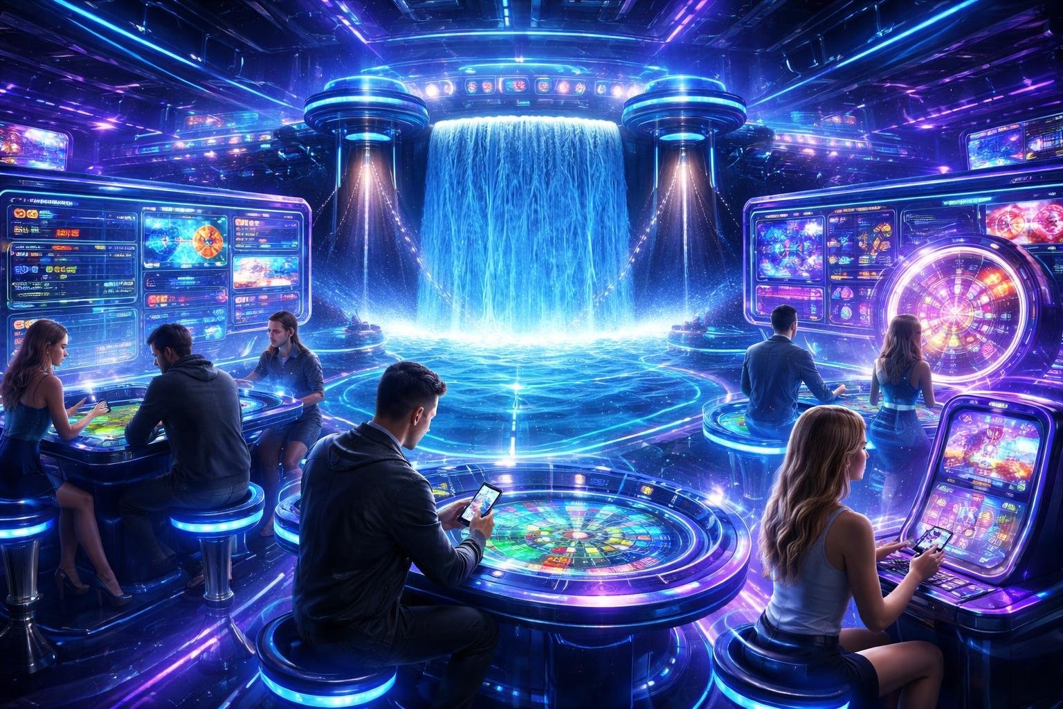 Pemandangan digital futuristik dengan elemen waduk dan orang-orang bermain judi online di lingkungan teknologi canggih.