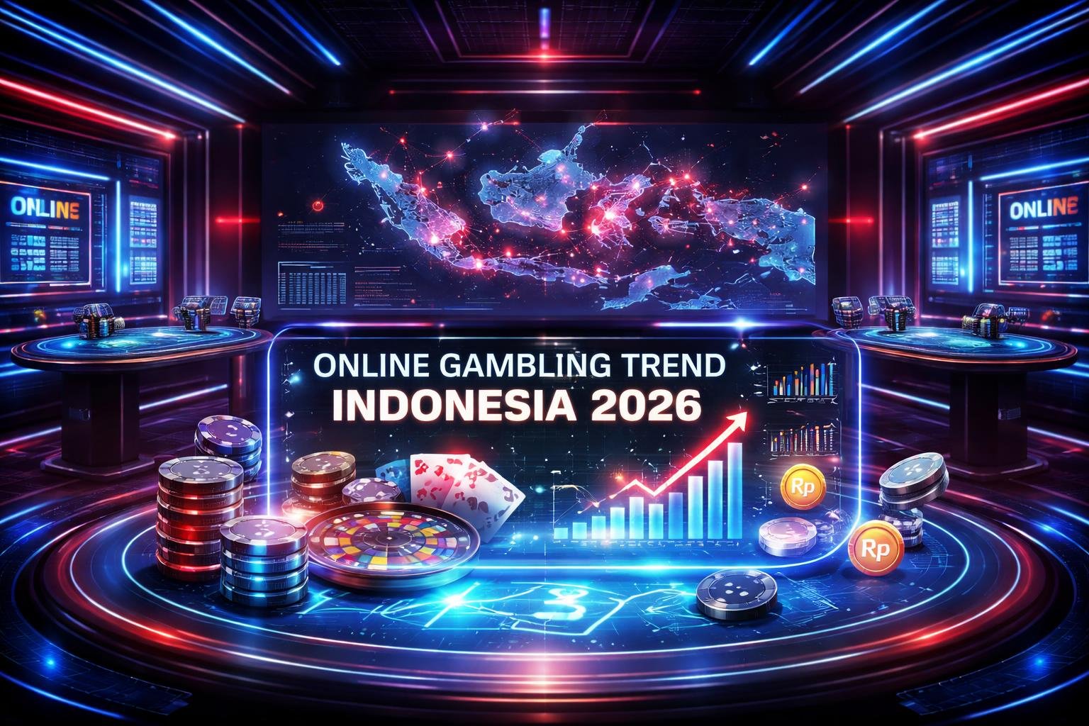 Pemandangan futuristik dari tren judi online di Indonesia tahun 2026 dengan antarmuka digital dan elemen holografik, latar belakang peta Indonesia yang menyala dengan titik data.