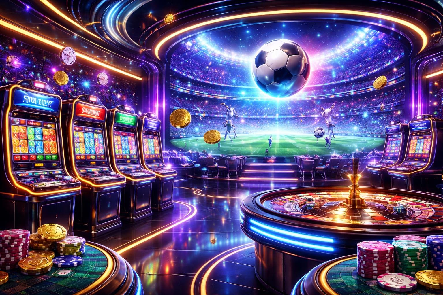 Pemandangan interior kasino futuristik dengan mesin slot, meja judi, dan layar besar menampilkan stadion sepak bola yang ramai.