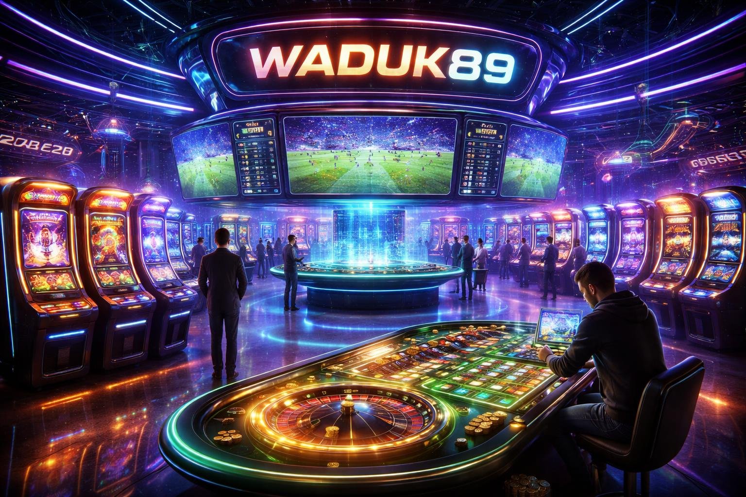 Suasana ruang kasino modern dengan mesin slot, roda roulette, dan layar besar menampilkan pertandingan bola secara digital.