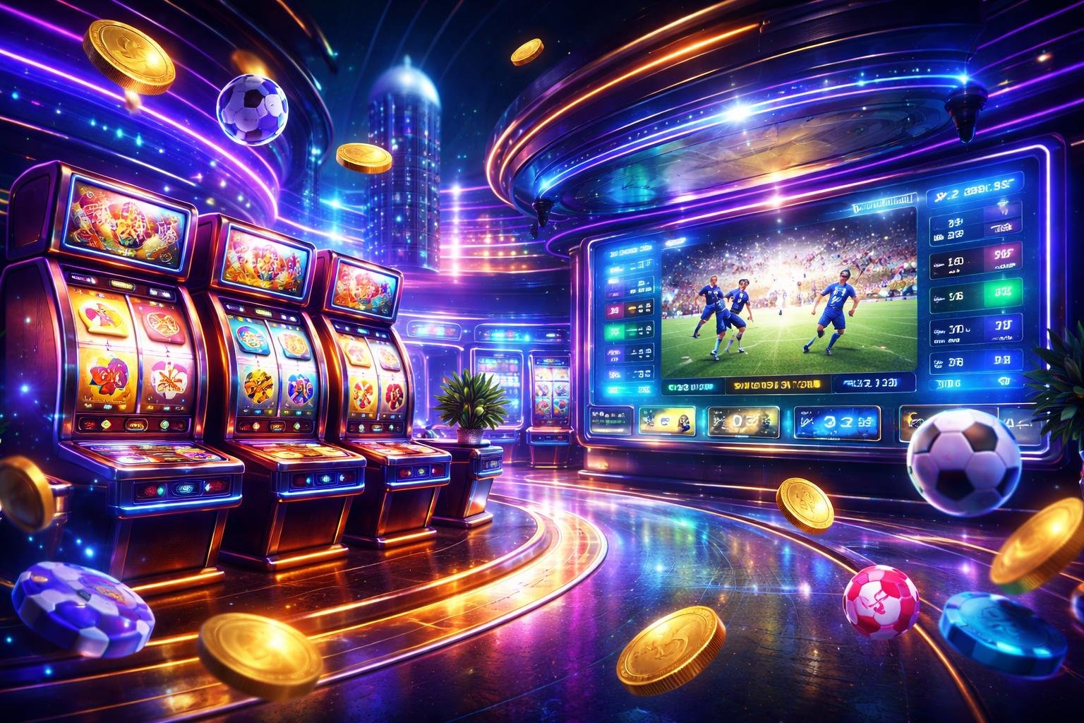 Pemandangan ruang kasino digital dengan mesin slot berwarna-warni, layar taruhan olahraga menampilkan pertandingan sepak bola, dan elemen teknologi futuristik.