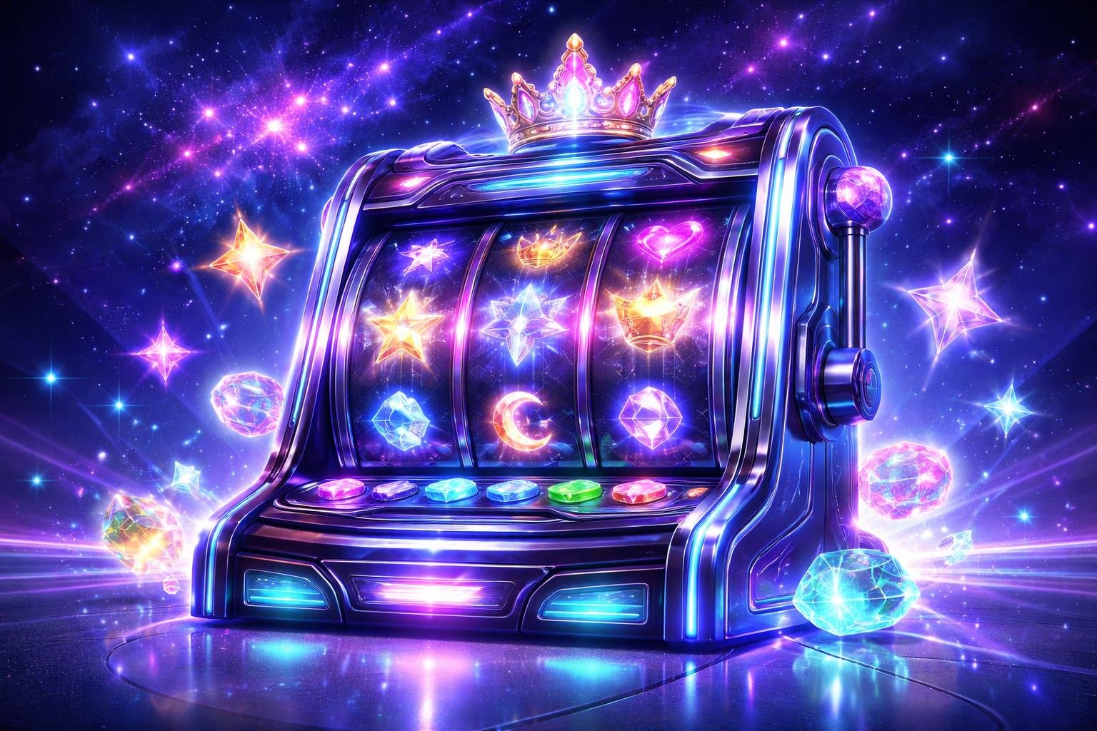 Sebuah mesin slot futuristik dengan lampu neon berwarna biru dan ungu, dikelilingi oleh simbol bintang, mahkota, dan permata di latar langit malam berbintang.
